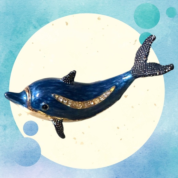 Blue Dolphin Enamel Hinged Magnetic Rhinestone Jewelry Trinket Box 3.5" - Picture 3 of 12